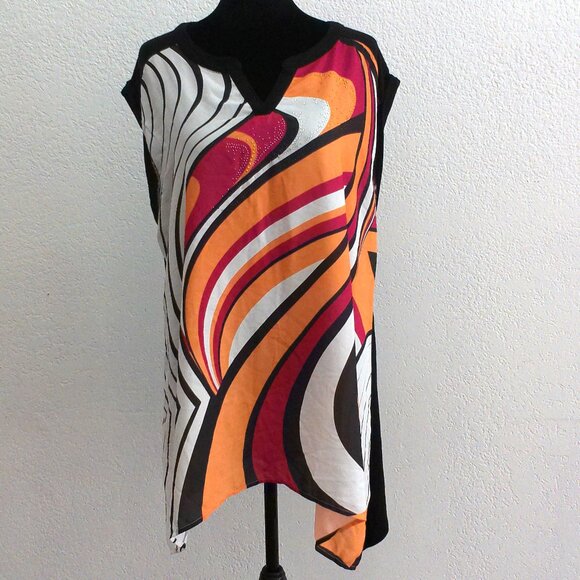 Colorful Abstract Tank Top, with shiny beads details, Orange, black, pink, red, - Picture 1 of 8